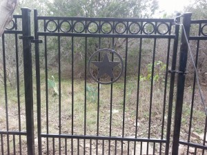 iron fence with decorative rings and Puppy bars